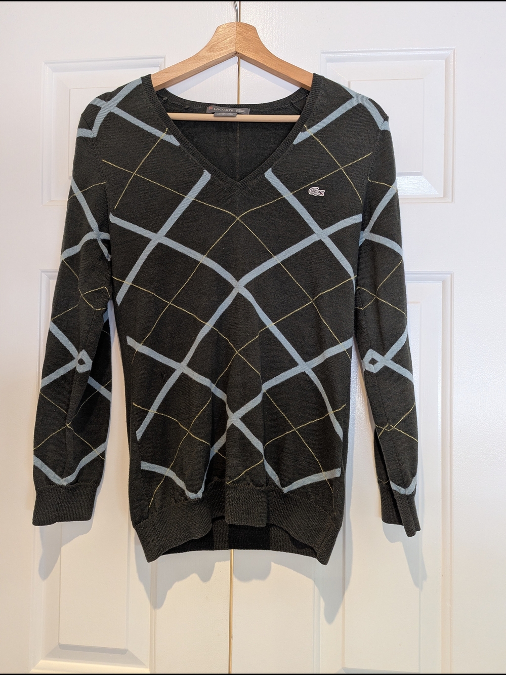 Lacoste Argyle Wool Sweater Preppy Green Baby Blue S/M Old Money Light Academia